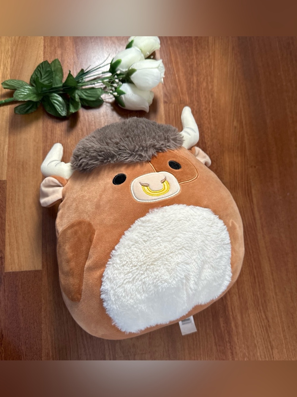 Squishmallows Brown and White Bull Plush Pillow